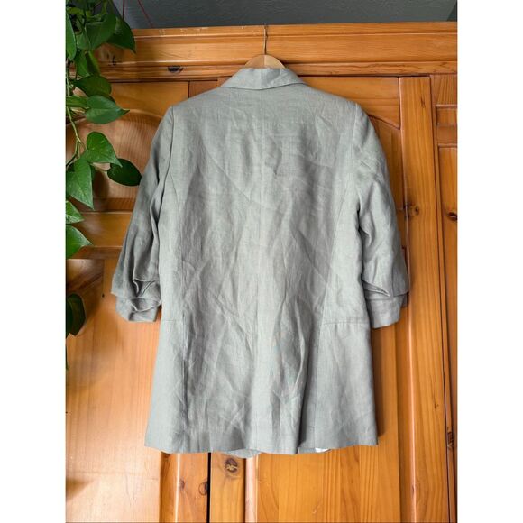 Zara Woman Beige Linen Blazer Jacket Women’s Size L – Ruched Sleeve Open Front - Picture 6 of 14